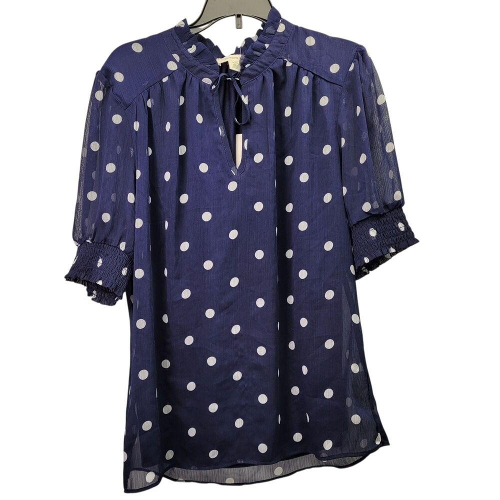 Tamara H. Womens Navy Blue Polka Dot V-neck With Tie Short Sleeve Blouse Medium